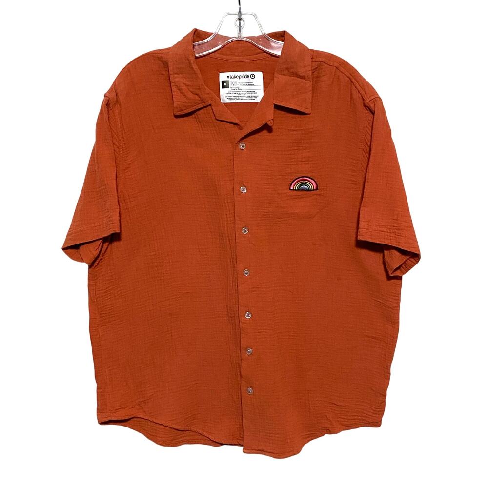 Take Pride Target Orange Button Shirt Rainbow Patch Unisex XL LGTBQ Summer Loud